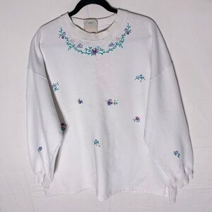 Vintage Northern Reflections White Foral Embroidered Crew Neck Sweatshirt XL